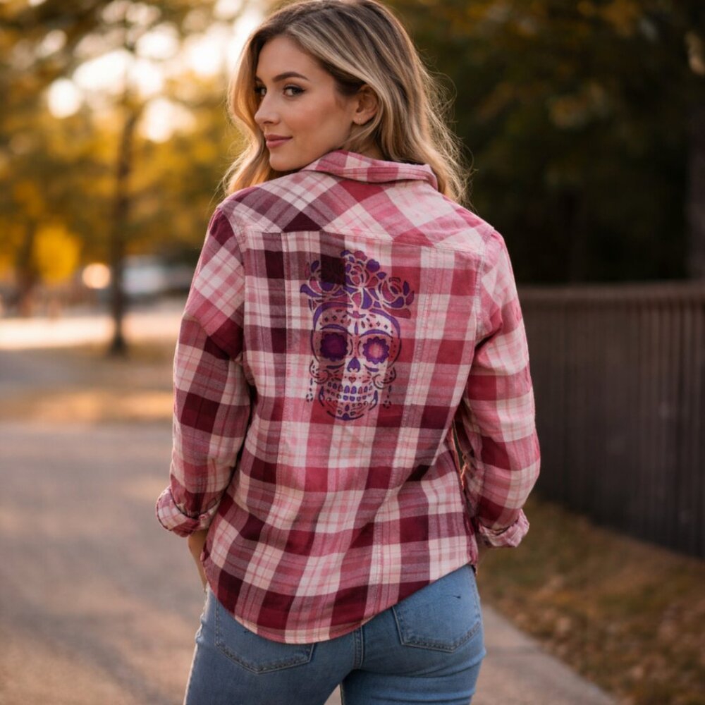Upcycled Hand Painted Sugar Skull Flannel Shirt - Bleached Burgundy Plaid S